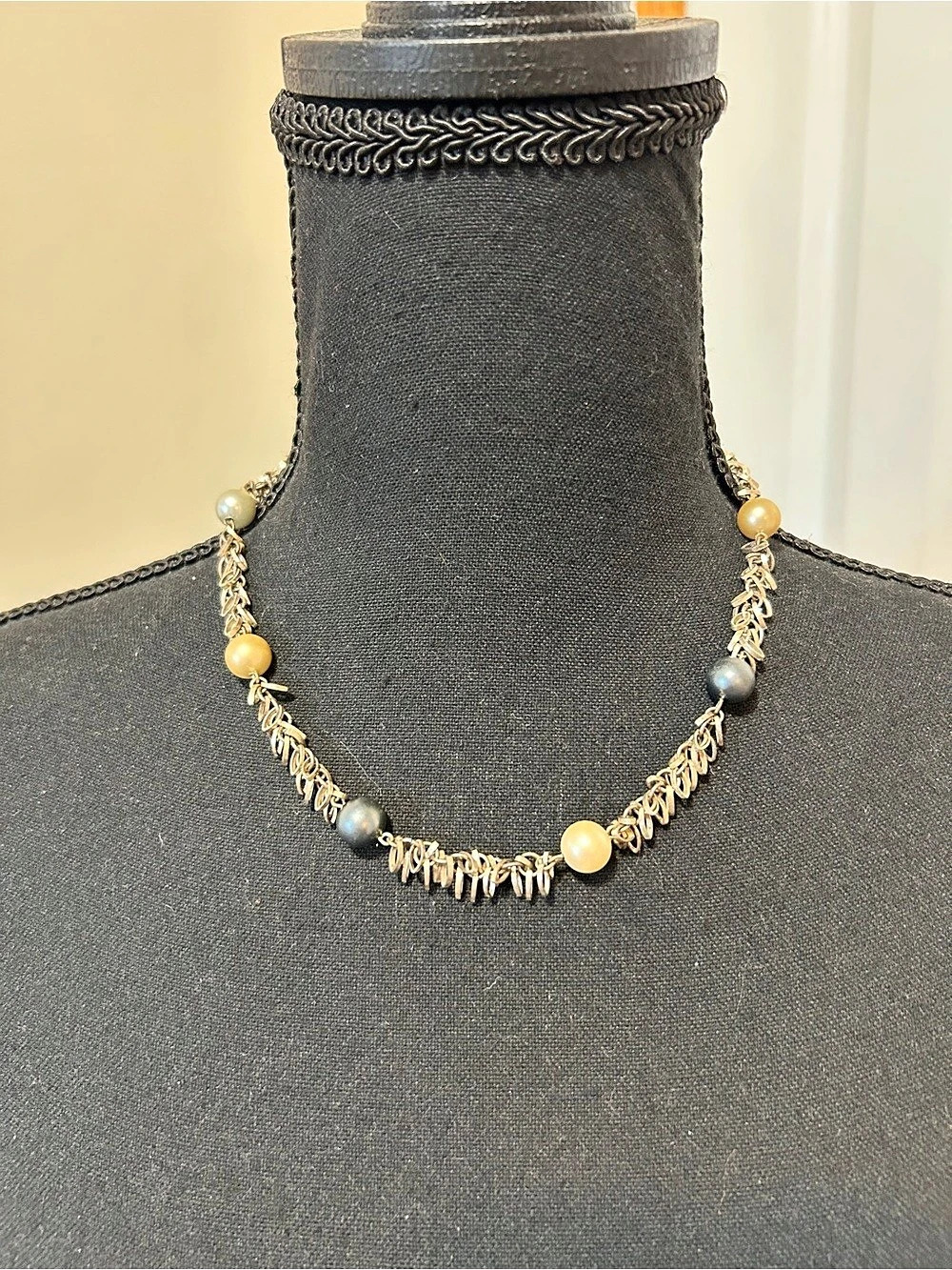 Vintage Pearl Bead Artisan Statement Necklace Silver Tone